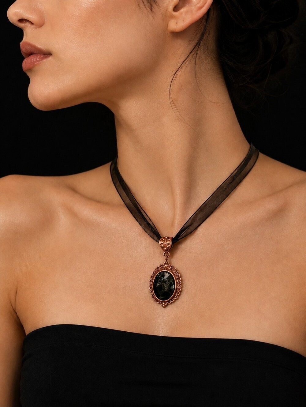 Copper CU Raw Obsidian Lace Gothic Pendant Necklace